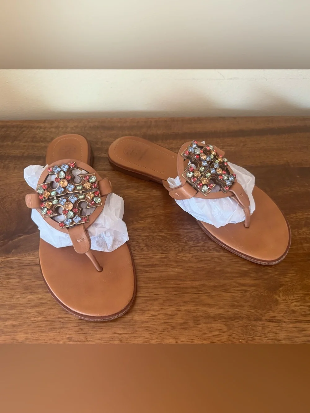 Camel Leather Tory Burch Miller Sandal Crystal Ladies Sandals Flip Flops - 9